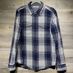 Outerknown Blanket Shirt Mens Medium Blue White Plaid Heavyweight Organic Cotton